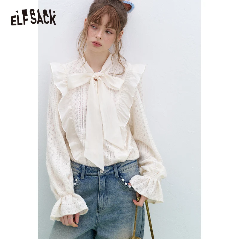 ELFSACK 2025 Spring New Arrivals French bow tie white lace blouse for women Korean sweet Flare Sleeve top