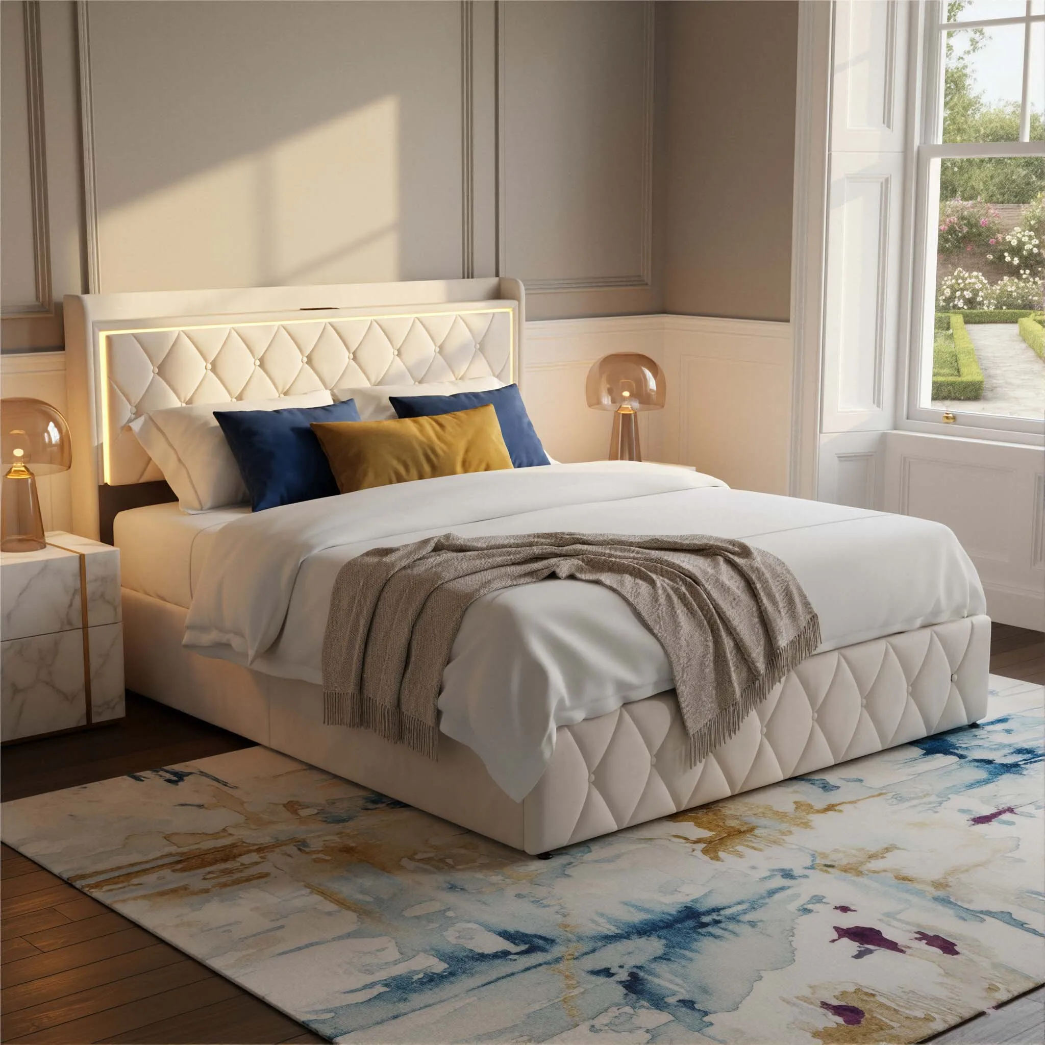 Letto matrimoniale 140x190 cm con 4 cassetti, LED RGB, stazione di ricarica USB, ripiano testiera, struttura imbottita beige, moderno