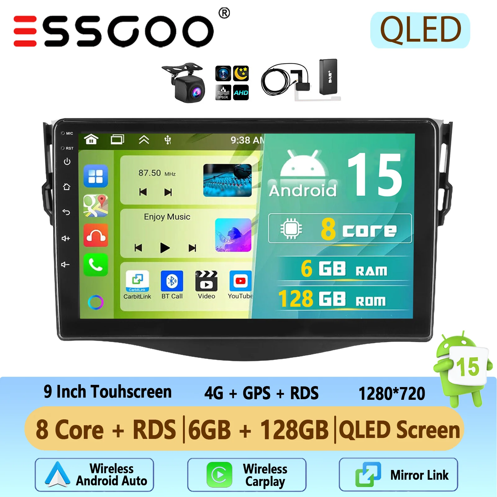 Autoradio ESSGOO Android 15 9 Inch 4+64G voor Toyota RAV4 2007-2012 Draadloze CarPlay Android Auto GPS Navigatie FM WiFi Bluetooth RDS Stuurwielbediening Mirror Link Touchscreen Hoofdeenheid