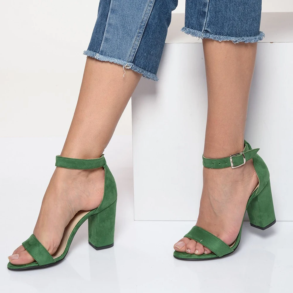 Green Suede Thick Heels Sandals for Women Open Toe Wedge Heels for Women Block Heel Shoes for Women 7 cm Heels for Women