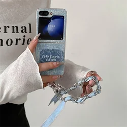 Embroidered Love Denim Phone Case For Samsung Galaxy Z Flip 6 5 4 3 Cover with Chain Cute Protective Cases For Z Flip4 Flip5 5G