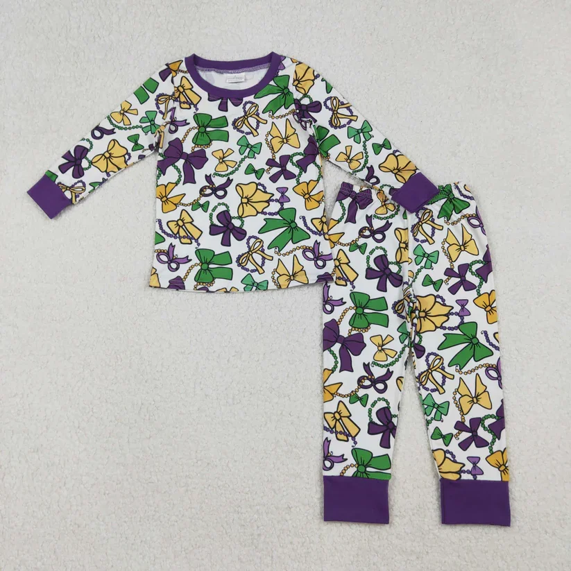 

New Arrive Mardi Gras Bow pattern design Long Sleeve Trouser Kids Pajama Set