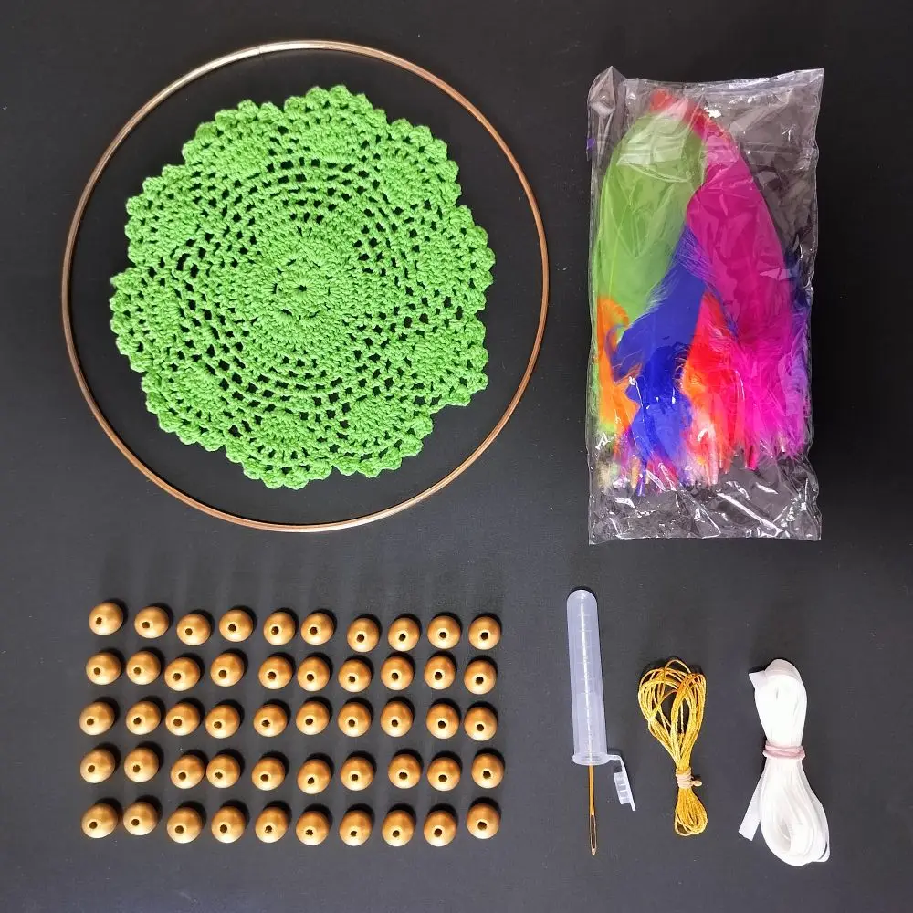 

DIY Dream Catcher Making Kit For Girls Kids Include Hand Crochet Green Doily Gold Plated Metal Ring Large Beads Colored Feathers