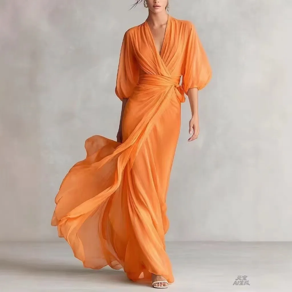 V Neck Full Skirt Dress High Waist Ladylike with Sweet Party Dress Travel Maxi Length Spring Wrinkle Finish Date Daily for Women