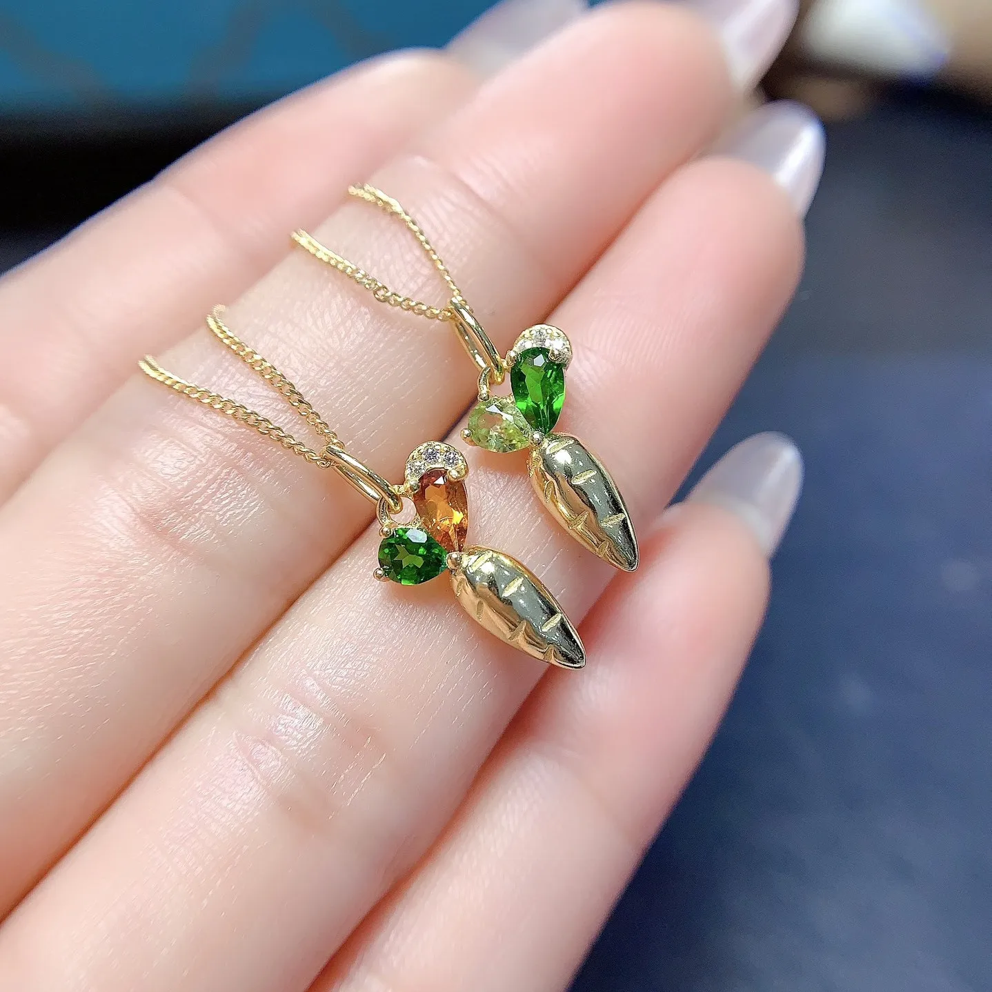 KJJEAXCMY girls' 3x5mm 3x4mm pure natural yellow crystal diopside olivine necklace pendant 925 pure silver electroplated gold