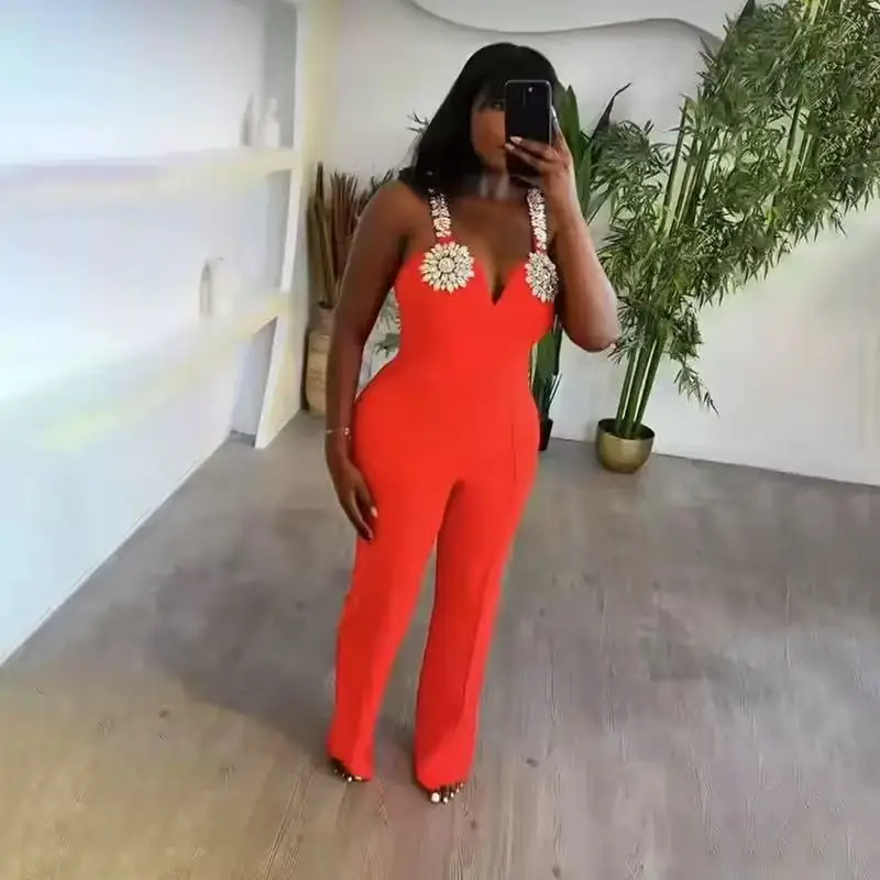 

Summer women's red V-neck fashionable casual sexy sleeveless slim fit jumpsuit women's pants