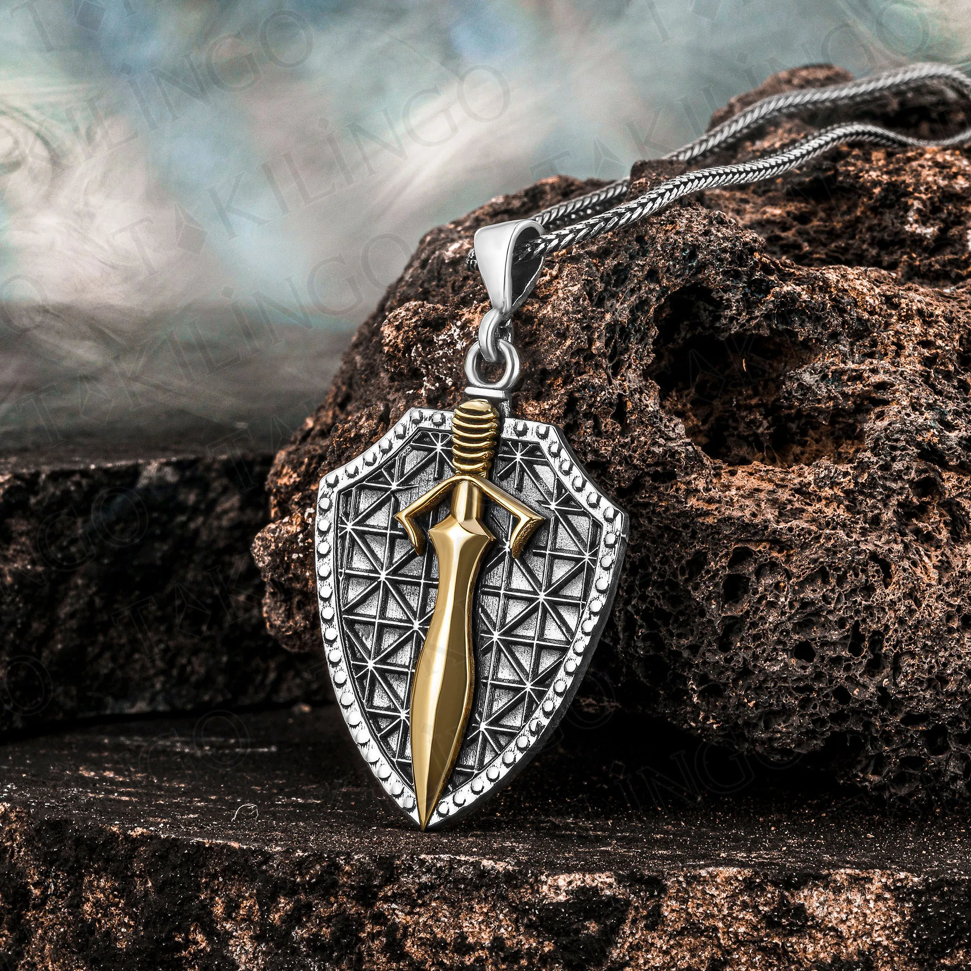 

Solid 925 Sterling Silver Sword Shield Design Men's Necklace Pendant Foxtail Chain Punk Cool Jewelery Accessory Gift