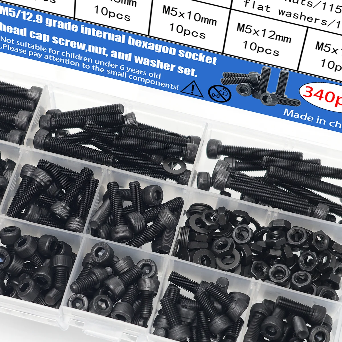 

340pcs/M5 12.9 grade black anodized hex socket head cap screw, nut, and flat washer set; DIN912 metric bolt fastener set.