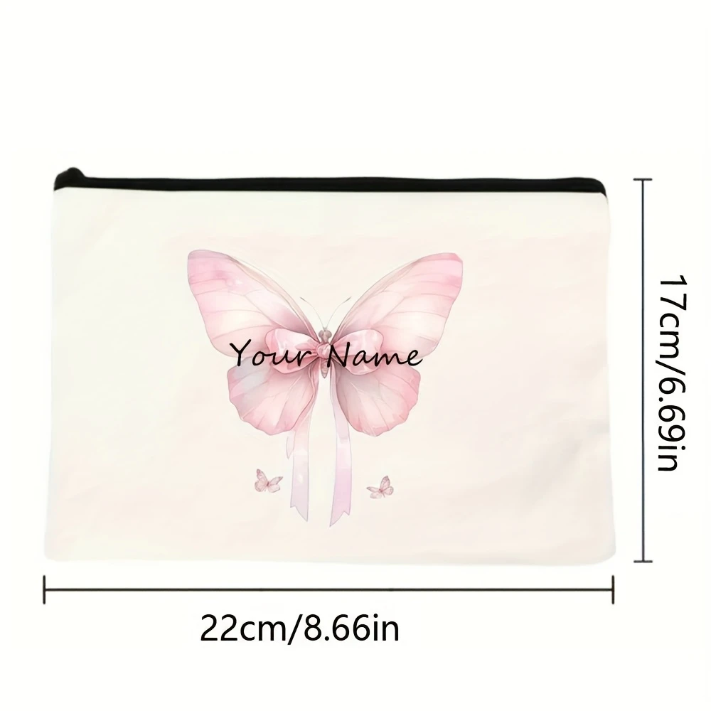 Custom Name Bow Heart Peach Blossom Cosmetic Bag Odorless Light Zipper Travel Toiletry Pouch Unisex Holiday Gift