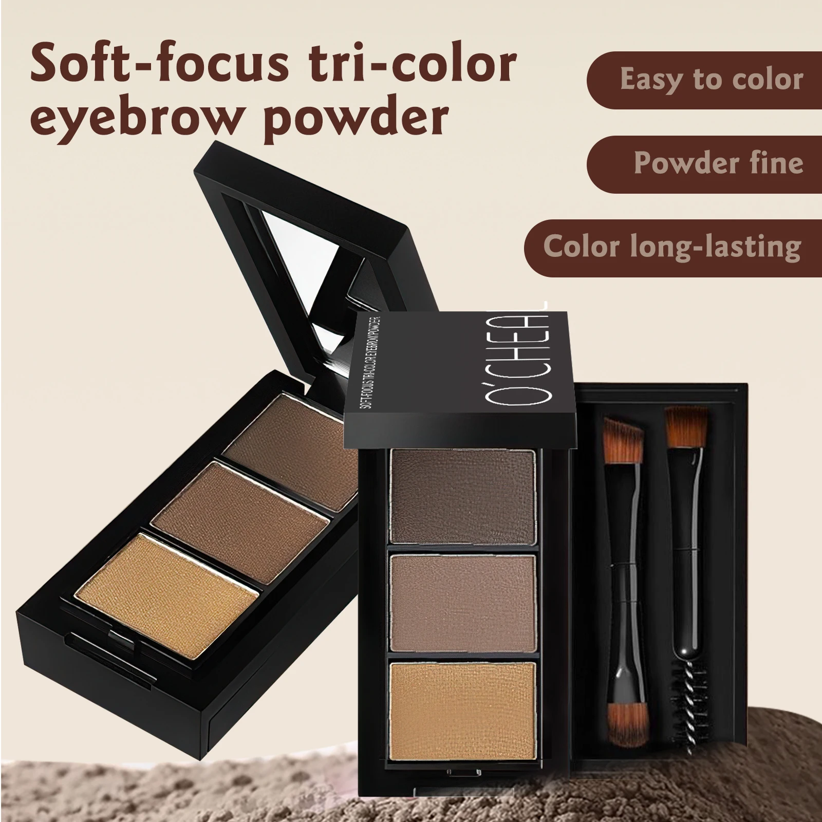 Ocheal 3Color Eyebrow Powder Black Brown Lift Eyebrow Professional Waterproof Cosmetic Eye Shadow Palette with Brush