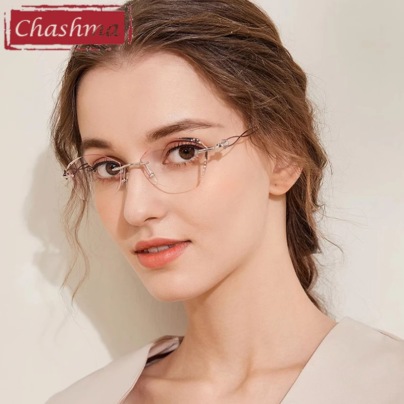 

Chashma Prescription Glasses Women Elegant Fashion Titanium Eyeglasses Diamond Trim Rimless Eyewear for Tint Color Recipe Lenses