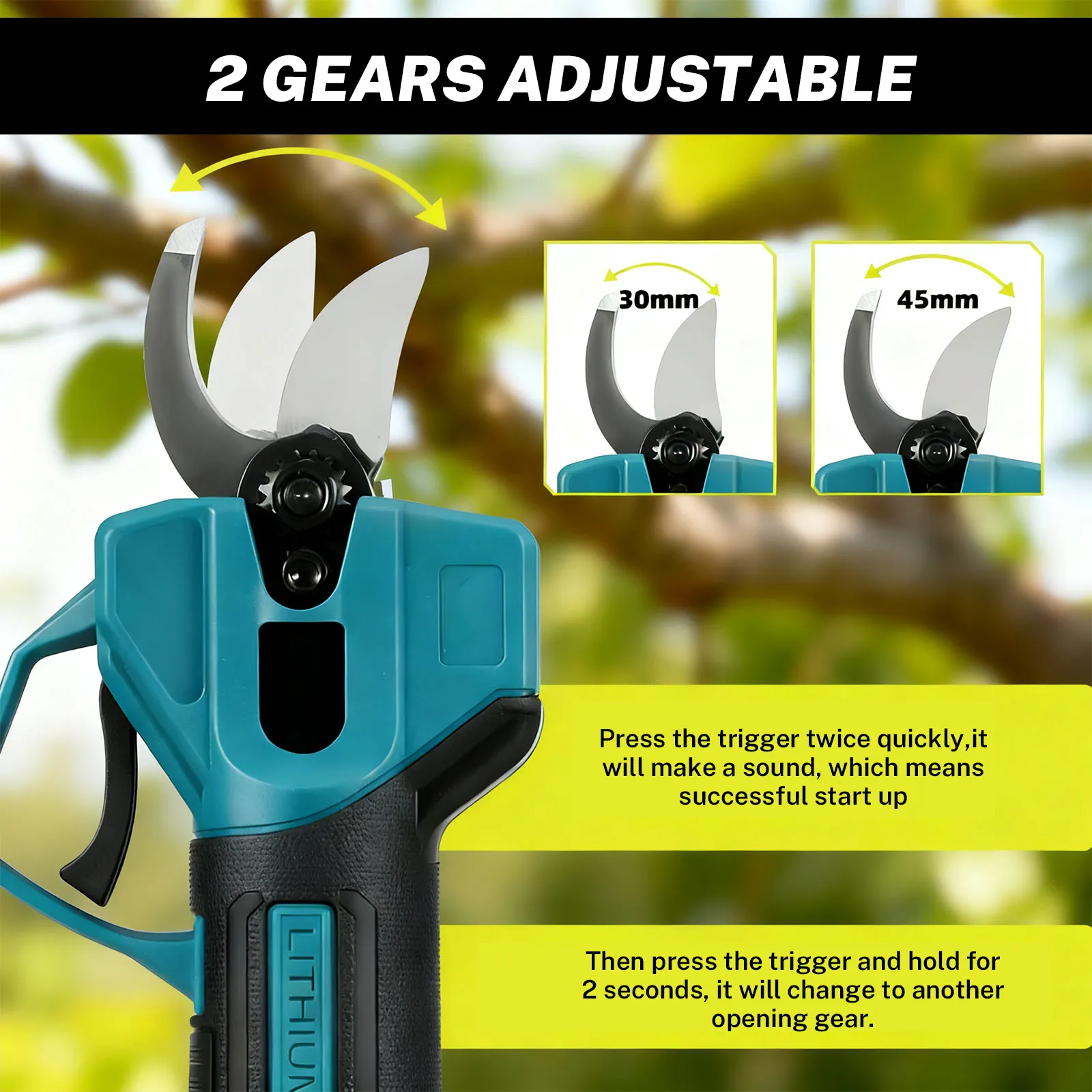 2-Gang 30MM Akku-Elektroschere für Obstbäume, Bonsai-Schneidegerät, Gartenschere, Elektrowerkzeug für Makita 18V Akku – Detail 2