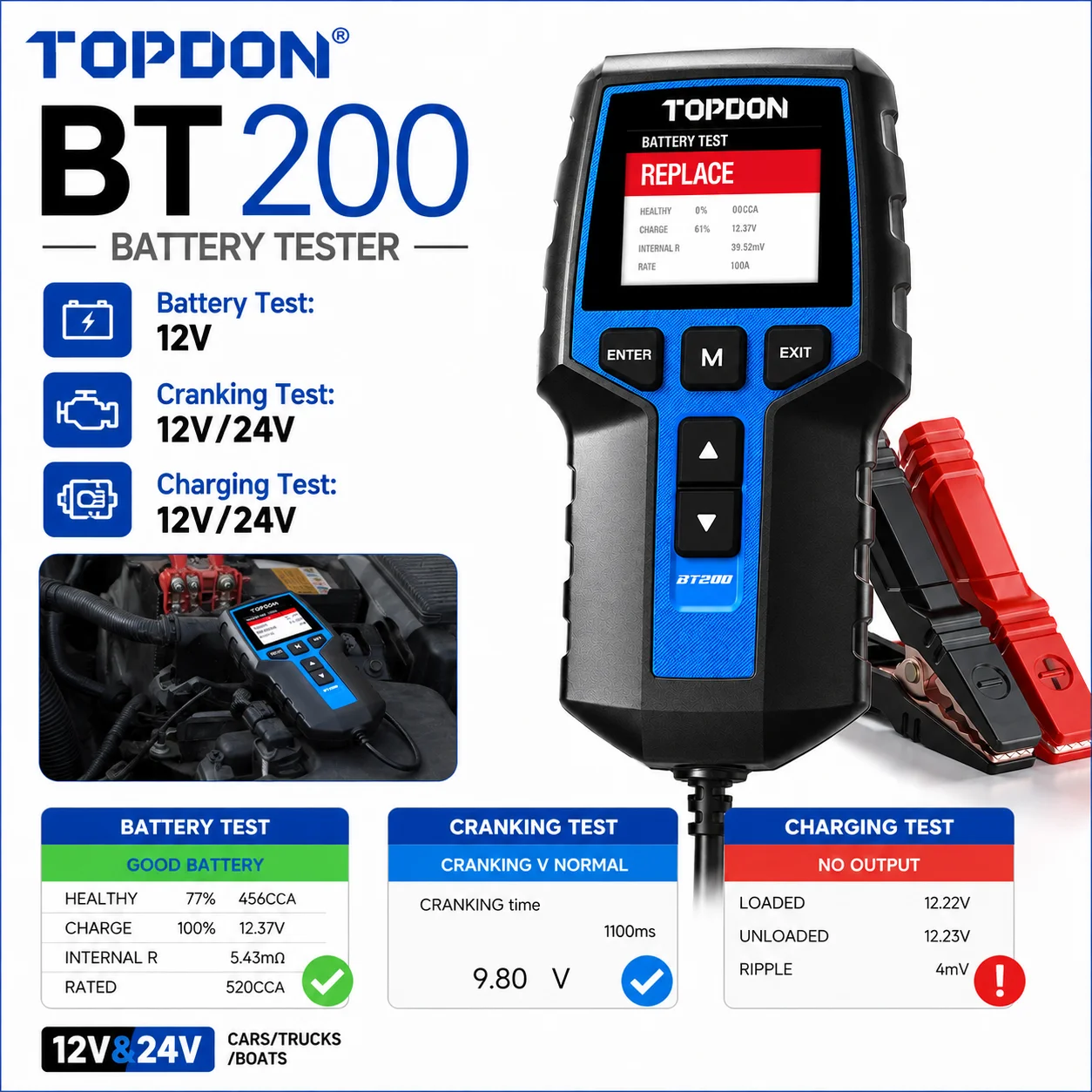 TOPDON 12V 24V Car Battery Tester Digital Automotive Load Tester 100-2000CCA CCA Battery Analyzer With Insulated Clip