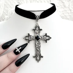 Vintage Gothic Large Cross Black Velvet Choker Ornate Cross Black Velvet  Grunge Choker Gift for Her