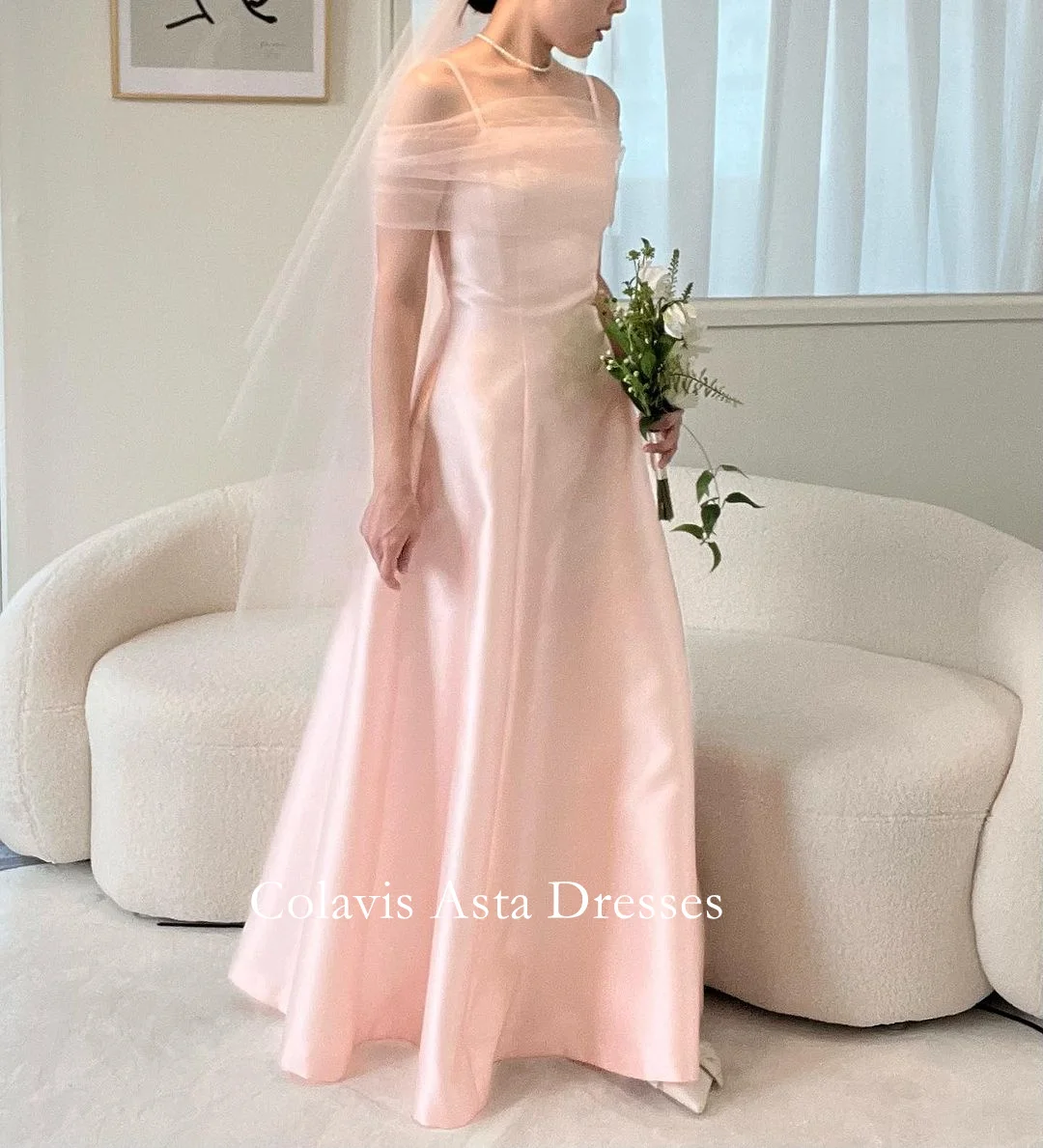 

Colavis Asta Korea Off-Shoulder Pink Simple Evening Dresses 웨딩드레스 Satin Ruched Custom Made A-Line Prom Gowns Plus Size