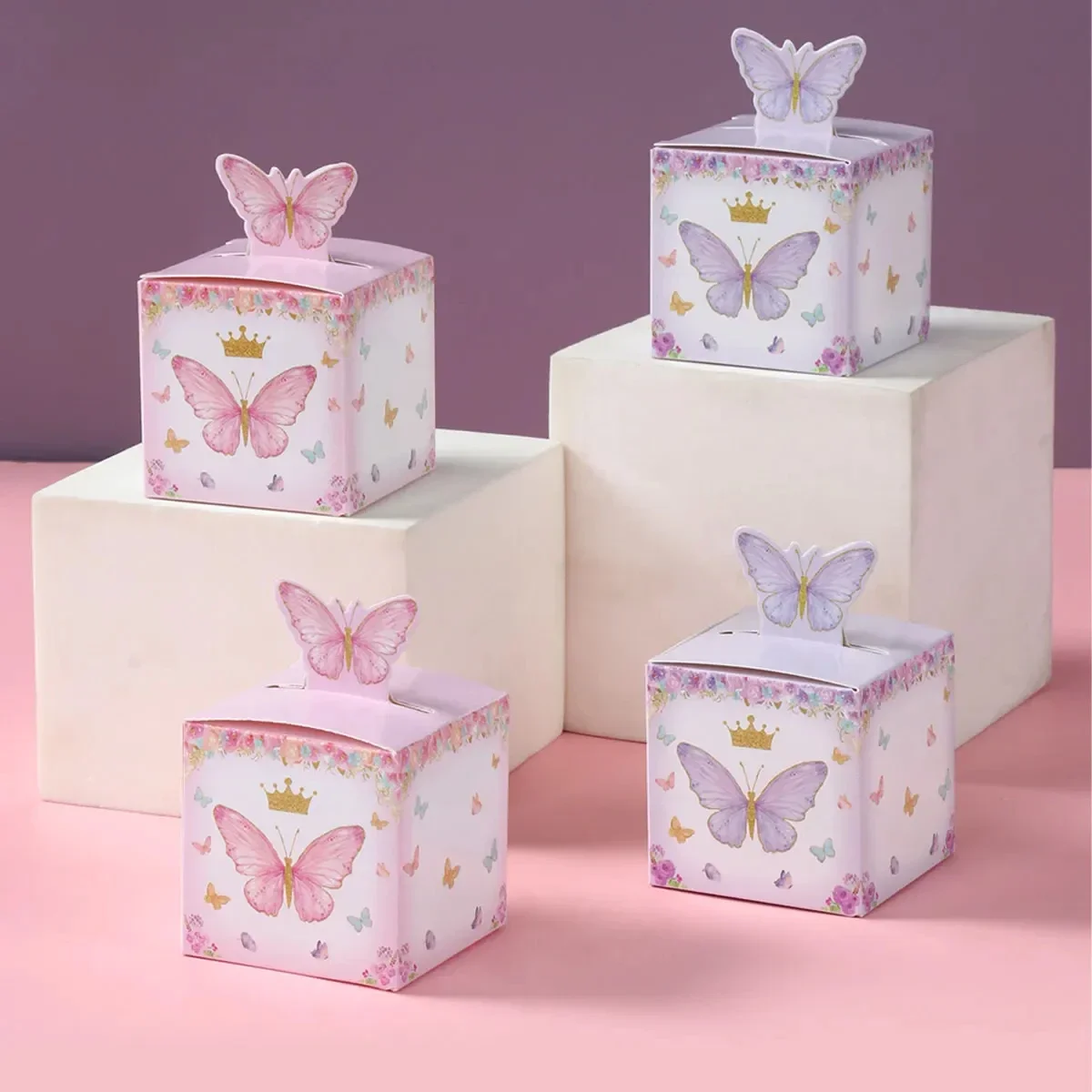 12/24szt Pudełko na cukierki Fioletowy różowy motyl Dekoracje urodzinowe Materiały ślubne Baby Shower Czekoladowe pudełko na ciasteczka Torba na prezent — zdjęcie 2