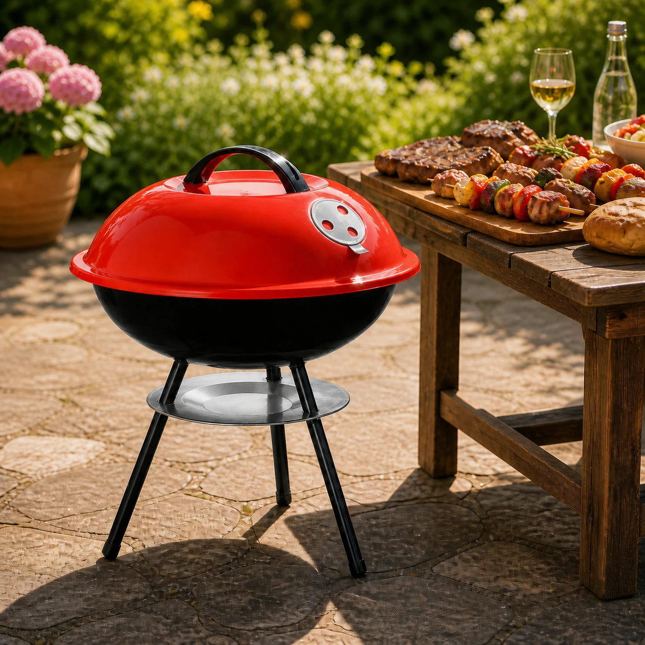 Parrilla Barbacoa FAMILY Redonda con Tapa y Accesorios 🍢 36×52 cm