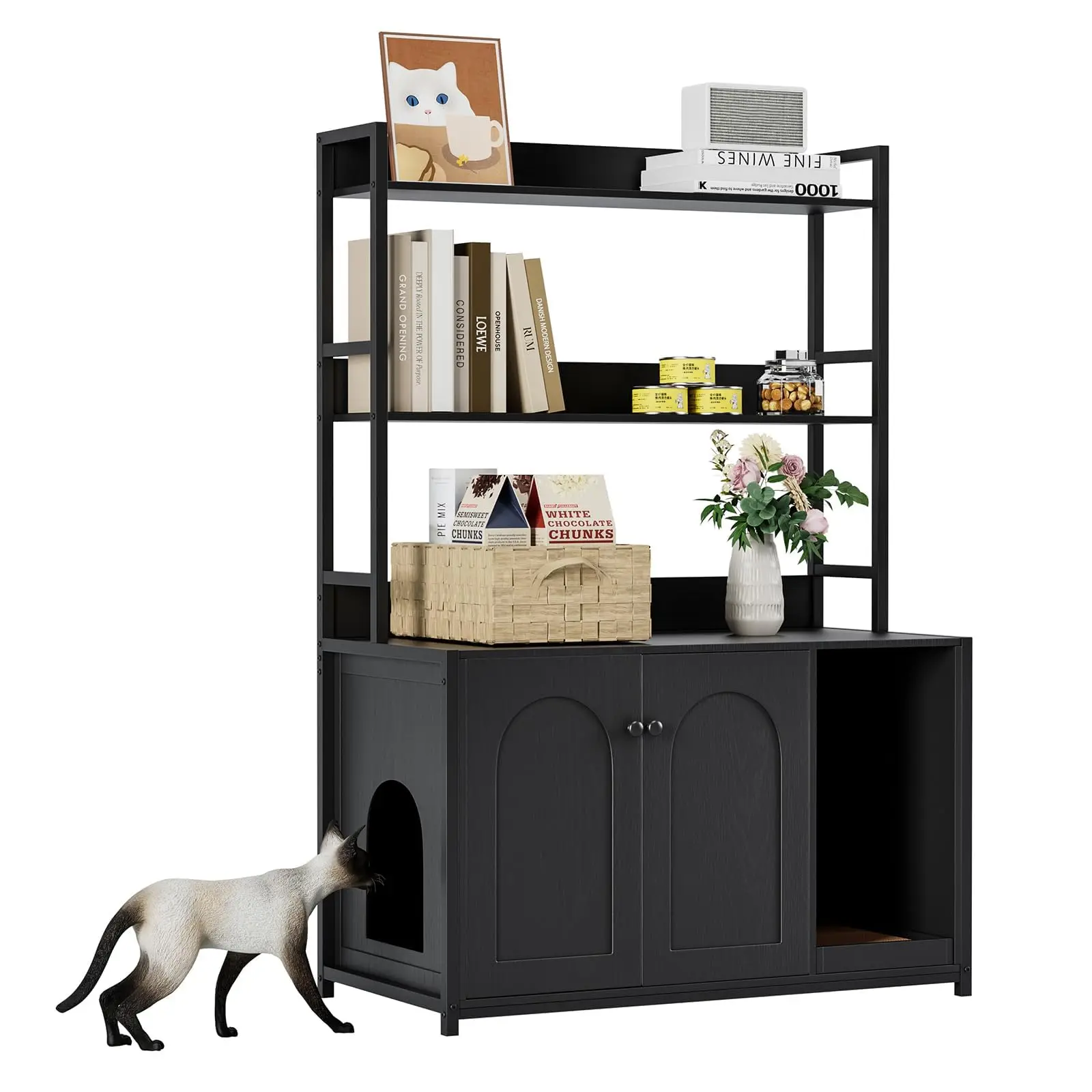 Versteckter Katzentoilettenschrank, Katzenhaus aus Holz mit mehreren Regalböden, Doppeltüren und Kratzbrett für Zuhause