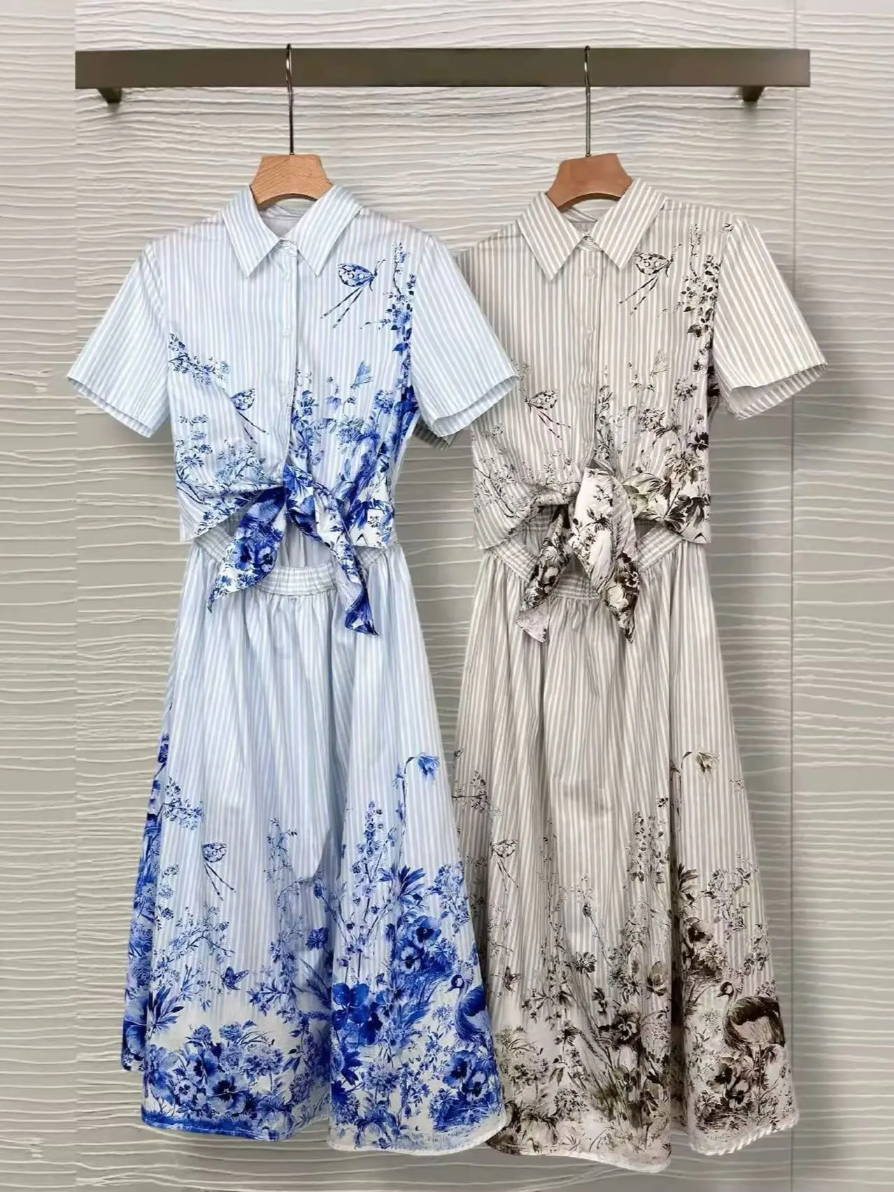 Elegant Floral Bird Elastic Waist Striped Shirt Dress Faux Two-Piece Knot Design
