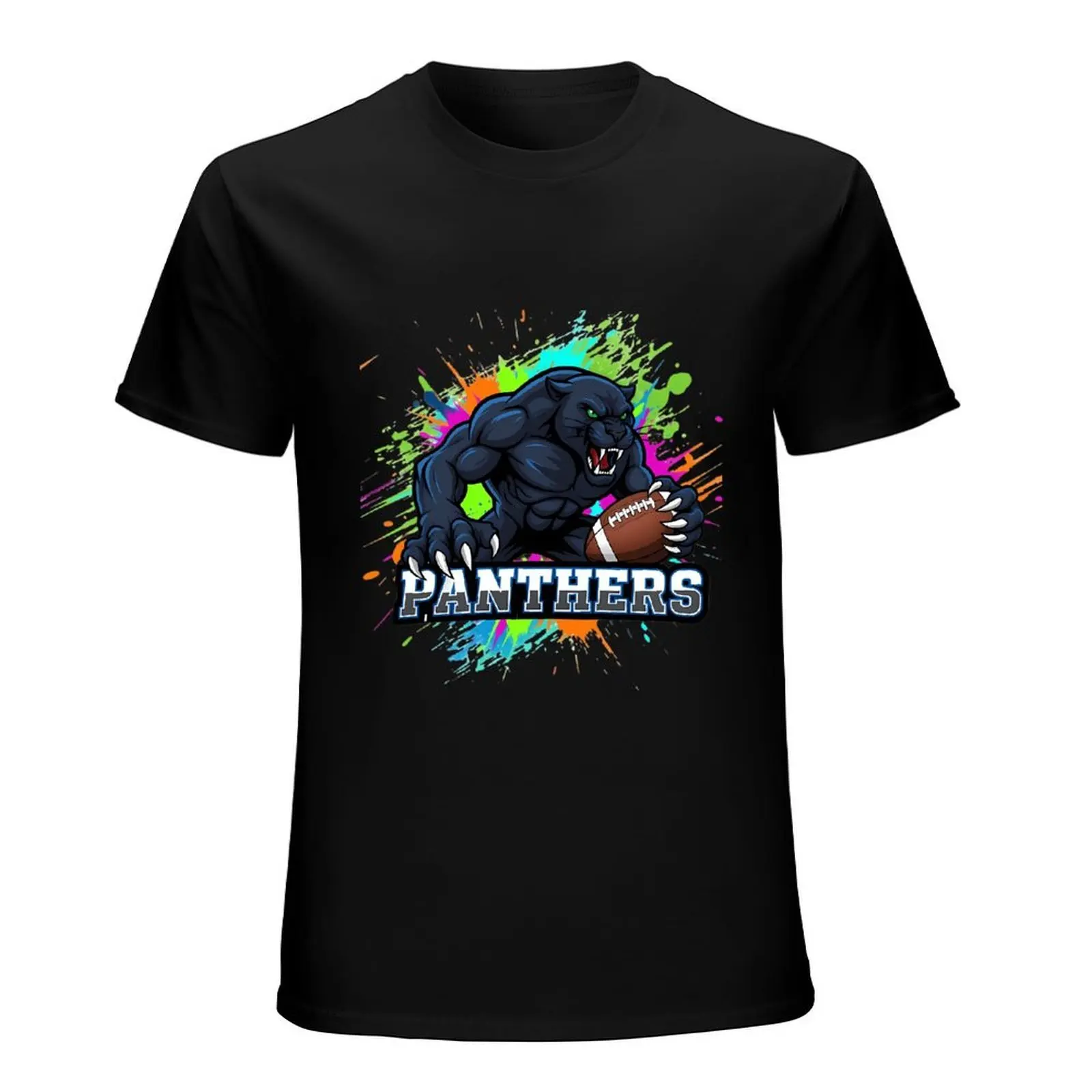 Rainbow Paint Splatter Muscular Black Panther Hold Football Panthers Graphic T-Shirt Men Cotton Crew Neck Fan Tee