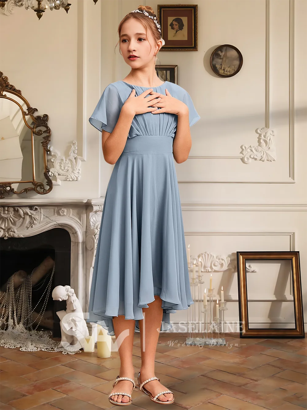 

GHH Kids A-Line Scoop Asymmetrical Chiffon Junior Bridesmaid Dress Flower Girl Dress With Cape Sleeve Girls Party Formal Wedding