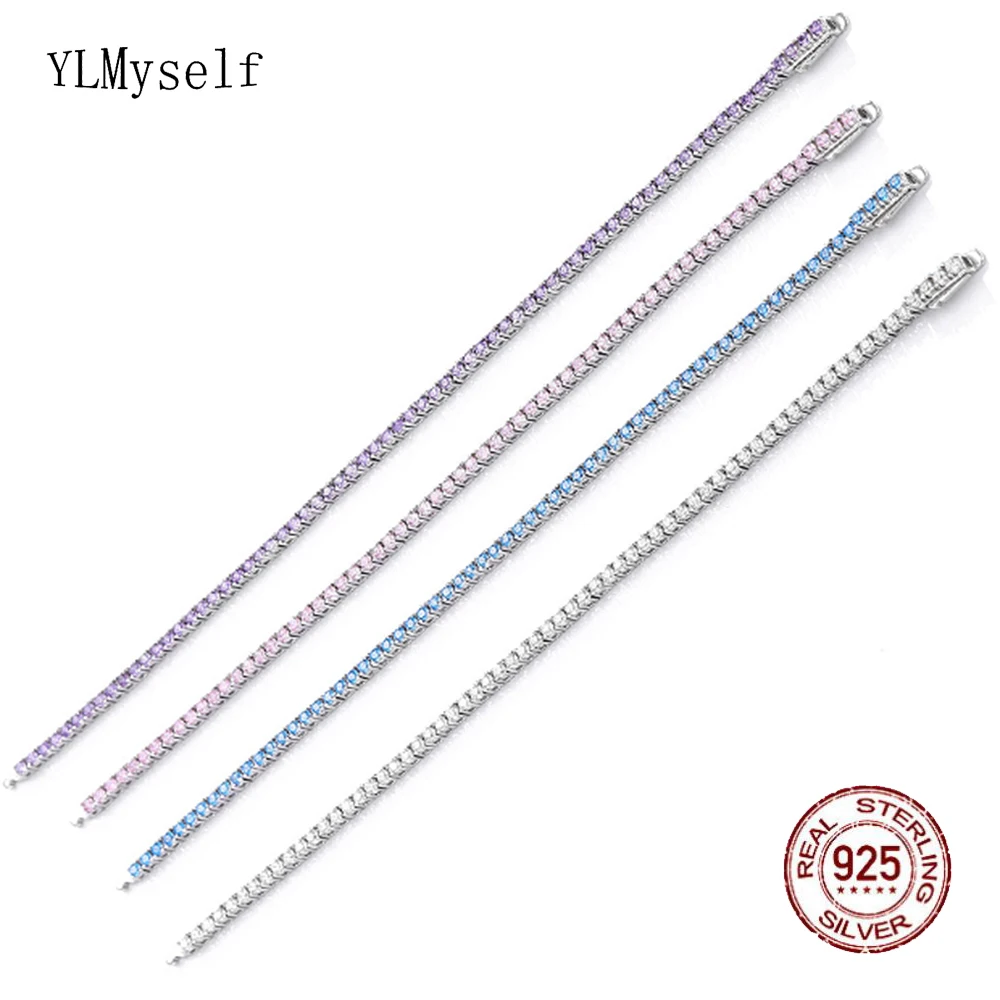 

YLMyself теннисный браслет из стерлингового серебра 925 пробы, красочные штабелируемые браслеты с фианитом для женщин, 2 мм, изящные вечерние ювелирные изделия, подарок