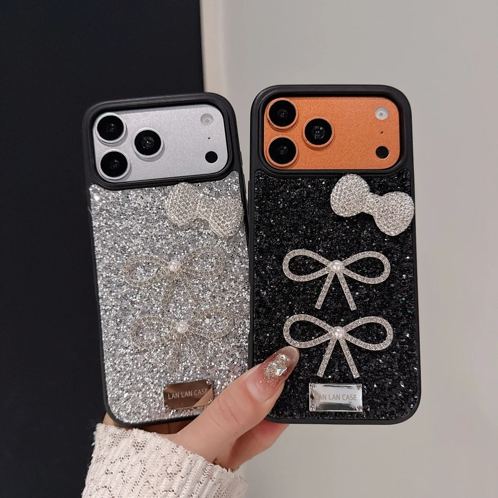 

Light luxury fashion 3D dot diamond bow phone case for iPhone 17 16 ProMax 14 15 Pro fundas cute cool shockproof protective case