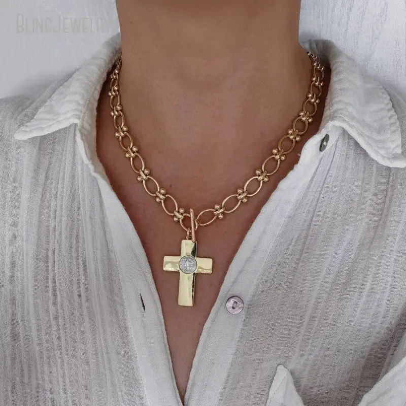 10pcs Chunky Gold Color Christ Mother Pearl Cross Charm Pendant Toggle Clasp Necklace Statement Gift Vintage Chain Jewelry