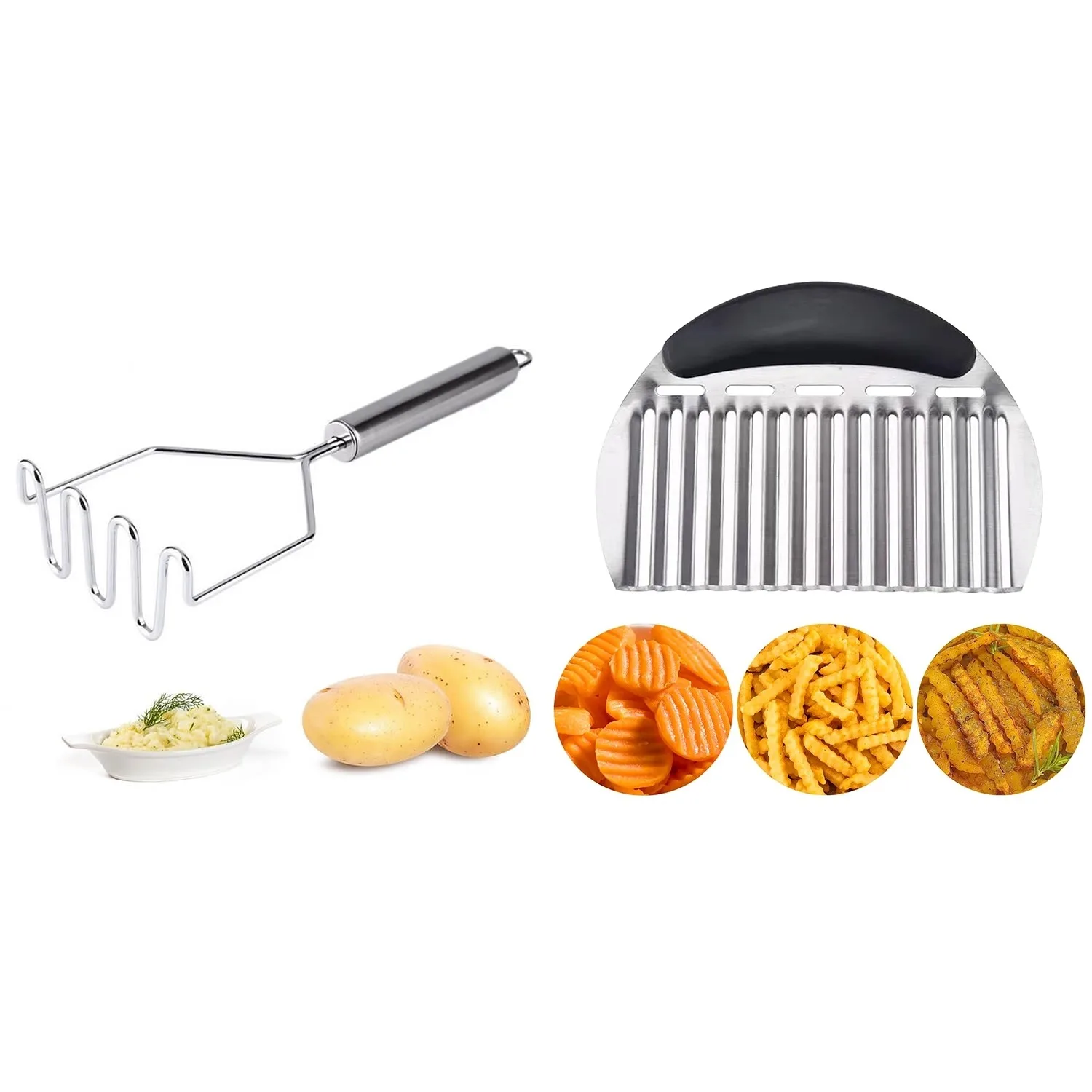 Potato Masher, Potato Masher Stainless Steel & Crinkle Cutter, French Fry Cutter, Masher Kitchen Tool, Heavy Duty Mashed Potatoe