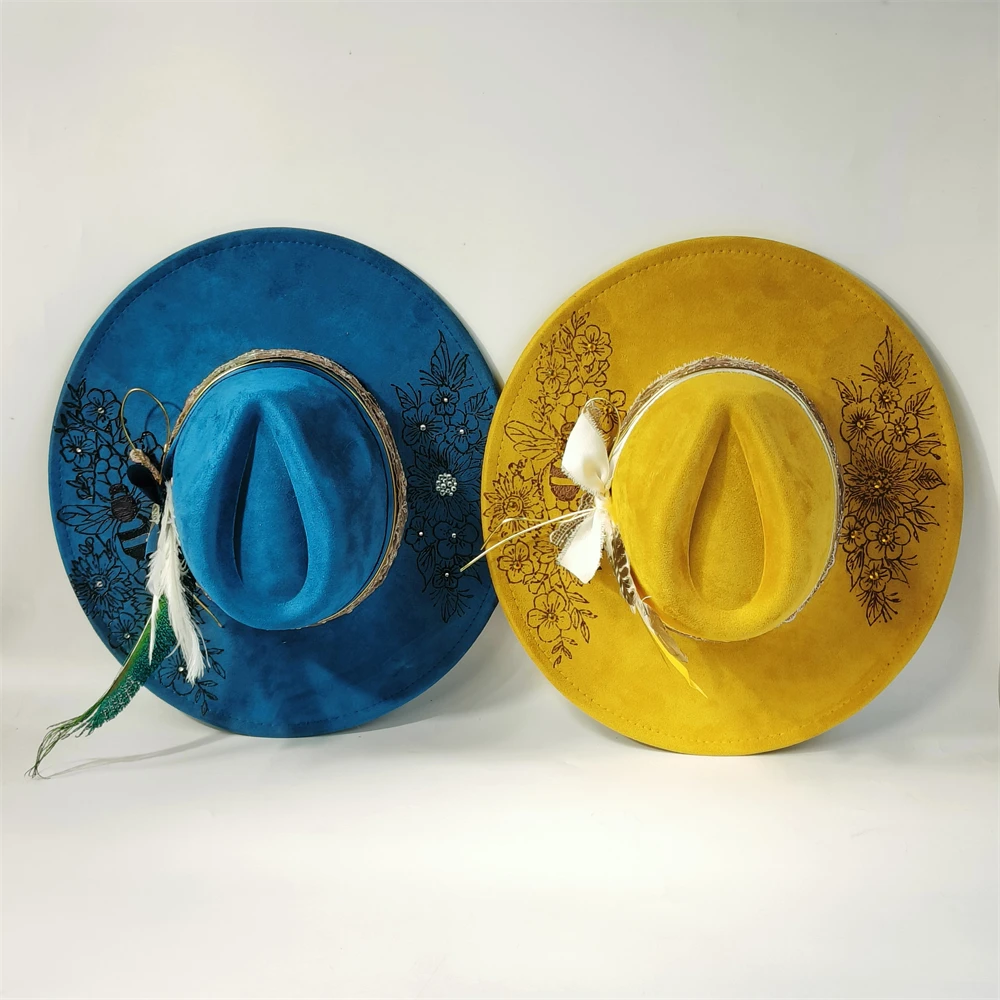 

Gift Burned Fedora Hat suede Men Women Bee Flowers Hat feather vintage wide brim hat box package Pyrography hat Top hat sombrero