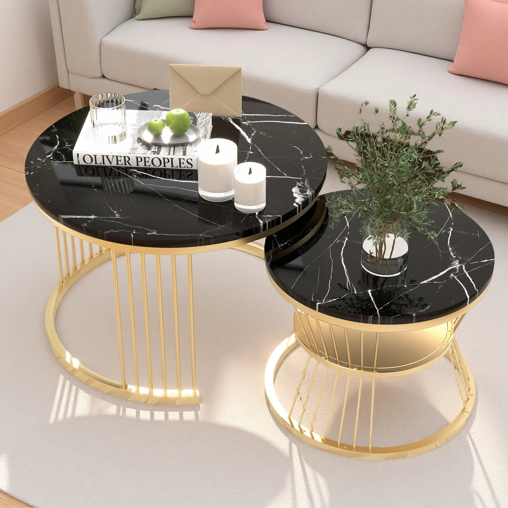 Table basse moderne Anajqaqia, ensemble de tables basses, placage marbre, tables d'appoint pour canapé, tables rondes, lot de 2, noir - Black