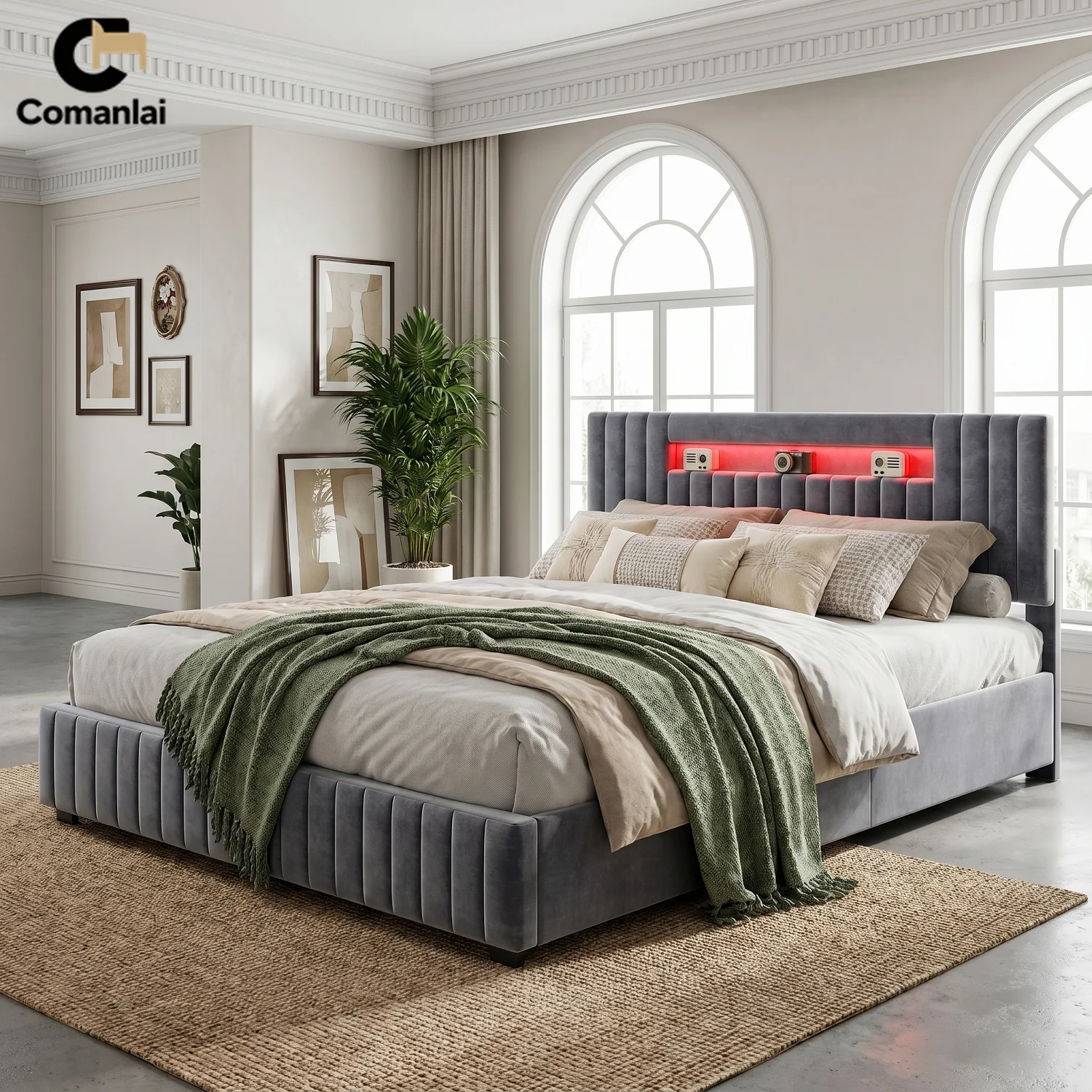 Base de Cama Hidráulica Comanlai con Luces LED, Cama Doble Tapizada con Cabecero y Somier de Láminas 140×200cm/160×200cm, Tela de Terciopelo