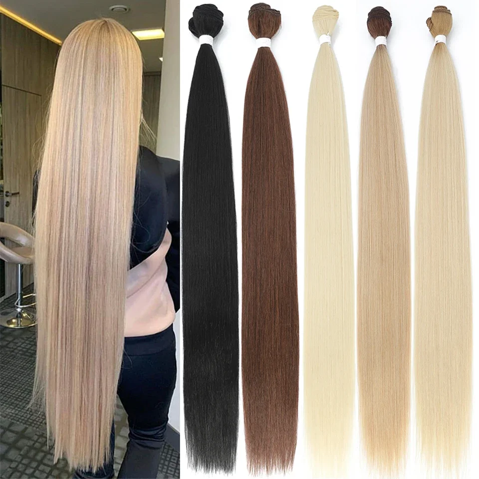 Mèches synthétiques Yaki lisses Super longues, Extensions de cheveux naturels pour Salon de coiffure, fausses Fibers, tissage complet jusqu'à bout