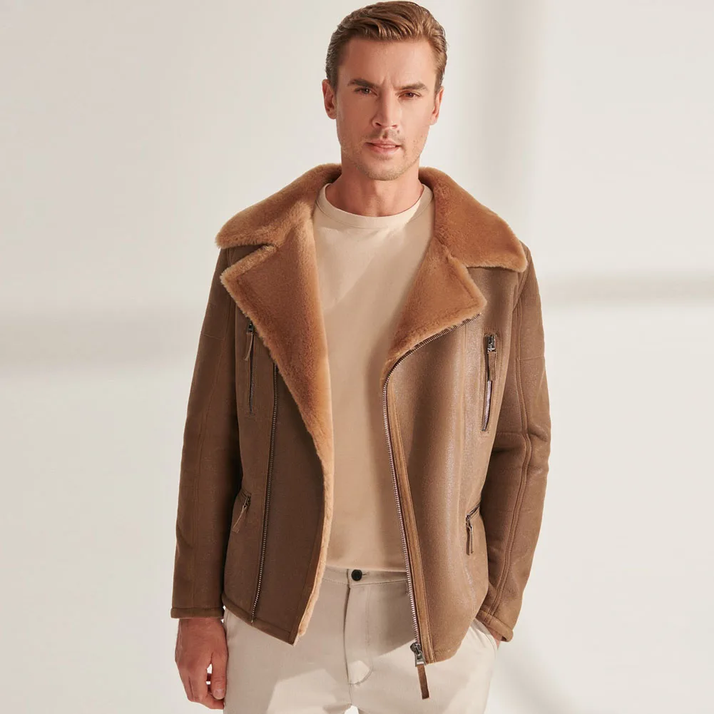 Denny&Dora Mens Shearling Jacket - Brown Leather Short Sheepskin Coat for Men