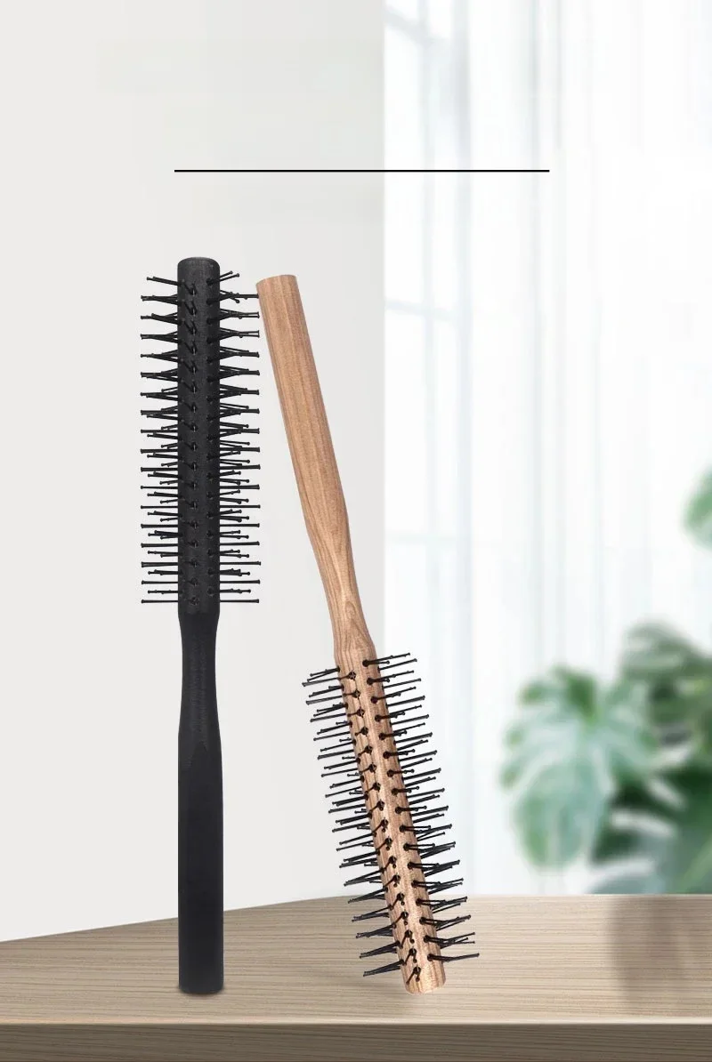 1pc Holz Griff Professionelle Salon Styling Trocknen Werkzeug Runde Friseur Curling Massage Roller Kamm Spezielle für echt haar perücken