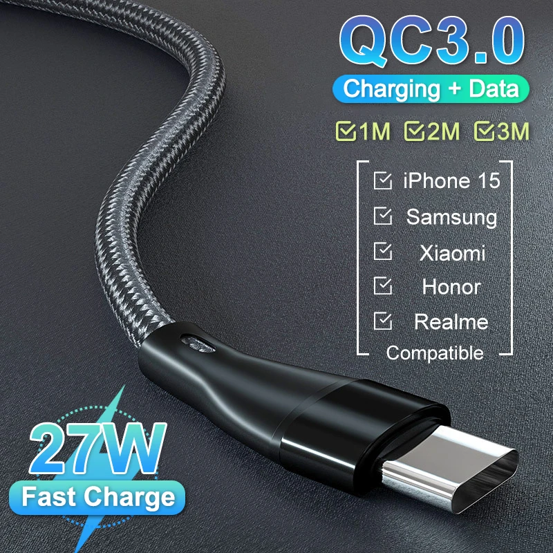 for Xiaomi Fast Charging Cable USB to Type C Data Line Compatible With Samsung USB C QC3.0 27W Quick Charge For iPhone Huawei