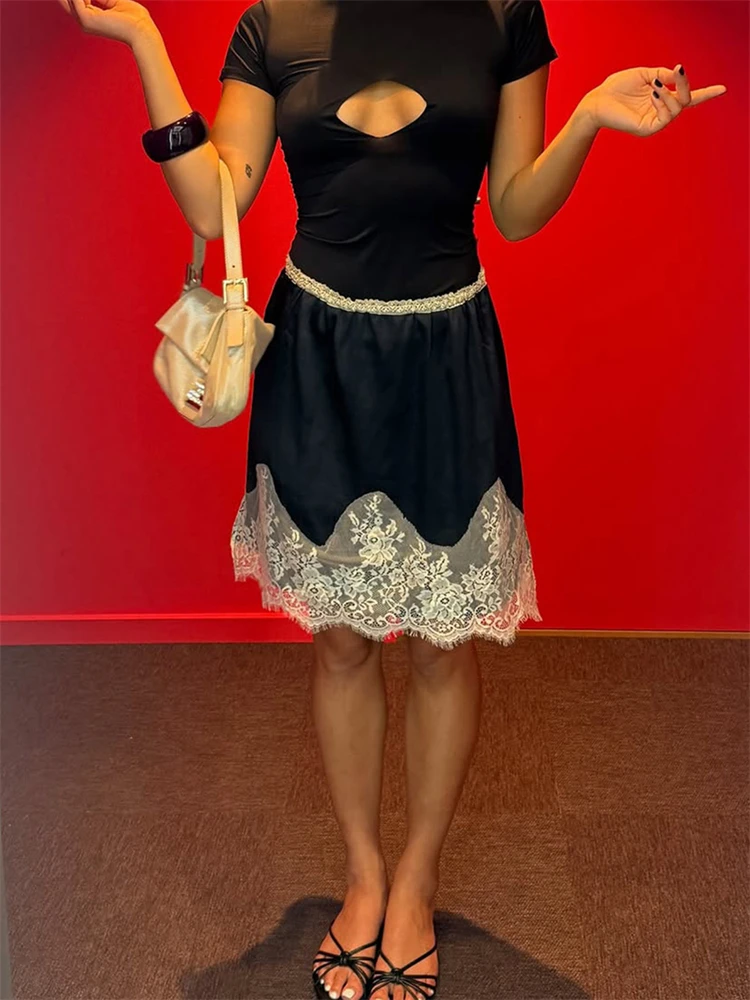 

Trendix Lace Patchwork Satin Skirt Women High Waist Fashion Casual Splice Short Skirts 2025 Fall Party Elegant Commuting Skirt