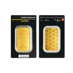 Argor-Heraeus Gold Bar, Suíço banhado a ouro 24K, Moeda estrangeira, Coleção de lingotes, 1 onça, Presentes