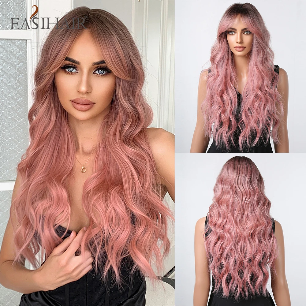 

EASIHAIR Brown to Pink Ombre Synthetic Wigs Long Water Wave Natural Hair Wig with Bangs for Women Cosplay Heat Resistant Wigs