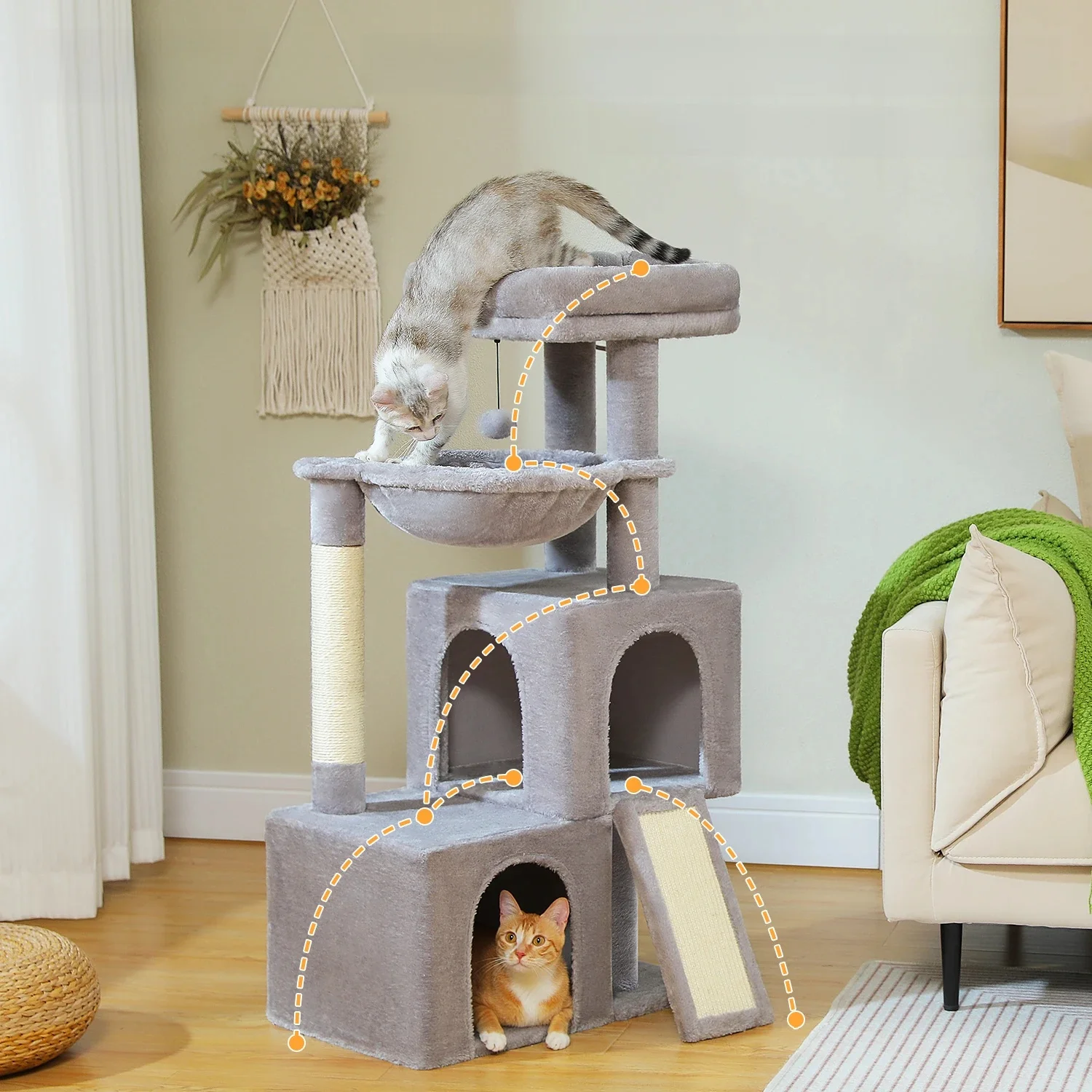 Grote kattenboom voor binnenkatten, kattentoren op meerdere niveaus met sisal krabpaal, 2 ruime appartementen, kattenkrabpad, kattenspeelgoed - afbeelding 2