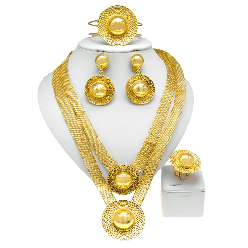 Classic Jewelry Set Women Pendant and Earring Set Dubai Gold Plated Bracelet Ring Wedding Decoration H00244