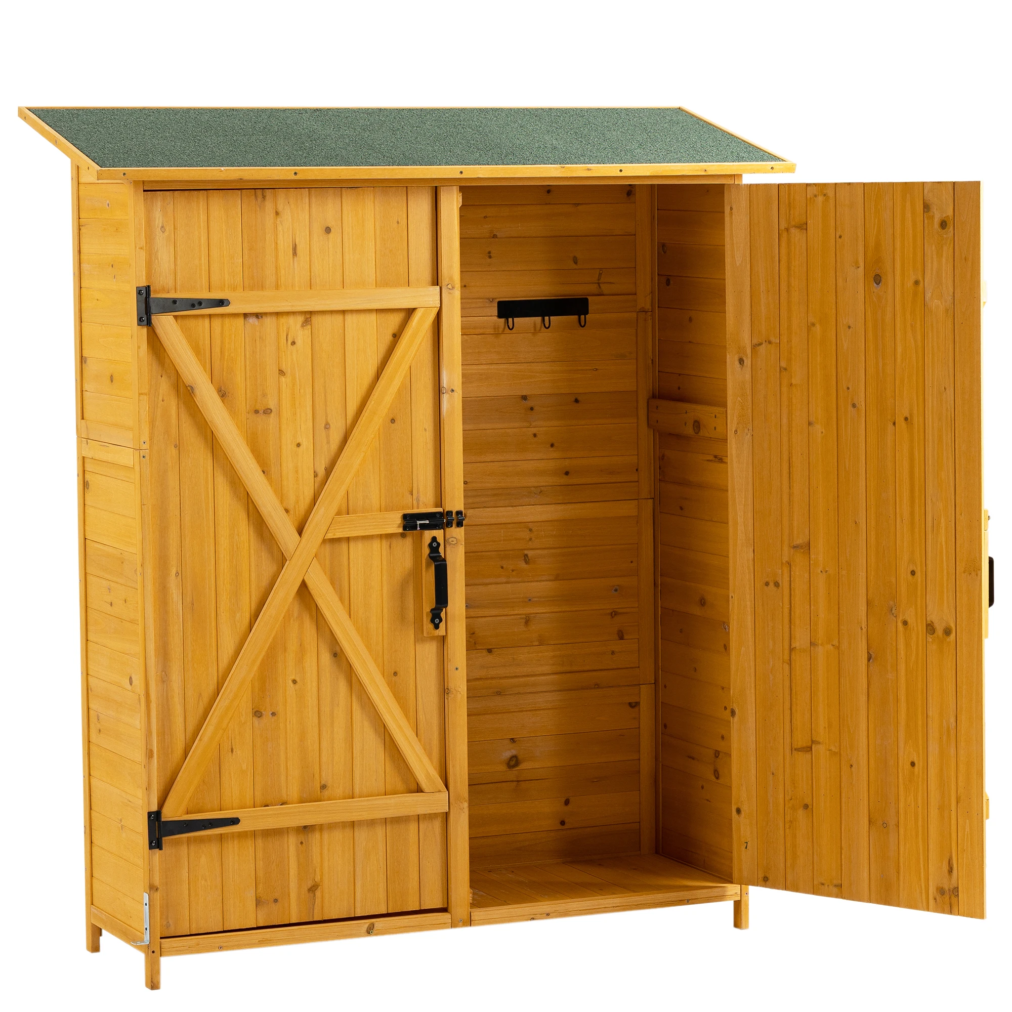 

Outdoor Wooden Storage Shed, 56"x19.5"x64", Lockable Door, Detachable Shelves & Pitch Roof, Natural +Solid Wood