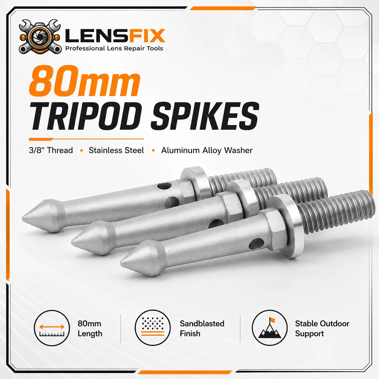 80mm Tripod Spikes Set 3PCS 3/8 Thread Stainless Steel Sand Beach Feet with Aluminum Washers and 4mm Hex Wrench