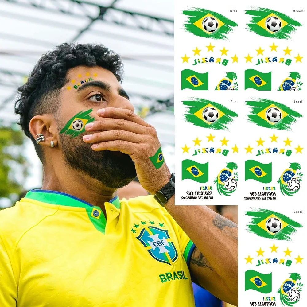 

5 листов временных татуировок с флагом Бразилии для спортивных мероприятий, фанатских встреч, футбольных соревнований, фестивалей, наклейки для лица