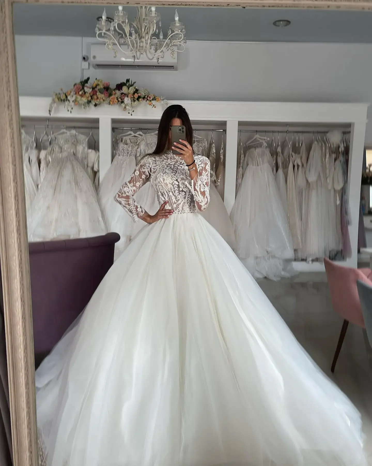 Lakshmigown Illusion Long Sleeve Lace Wedding Dresses A Line High Neck Bride Dress Customized Tulle Flower beads Wedding Gowns