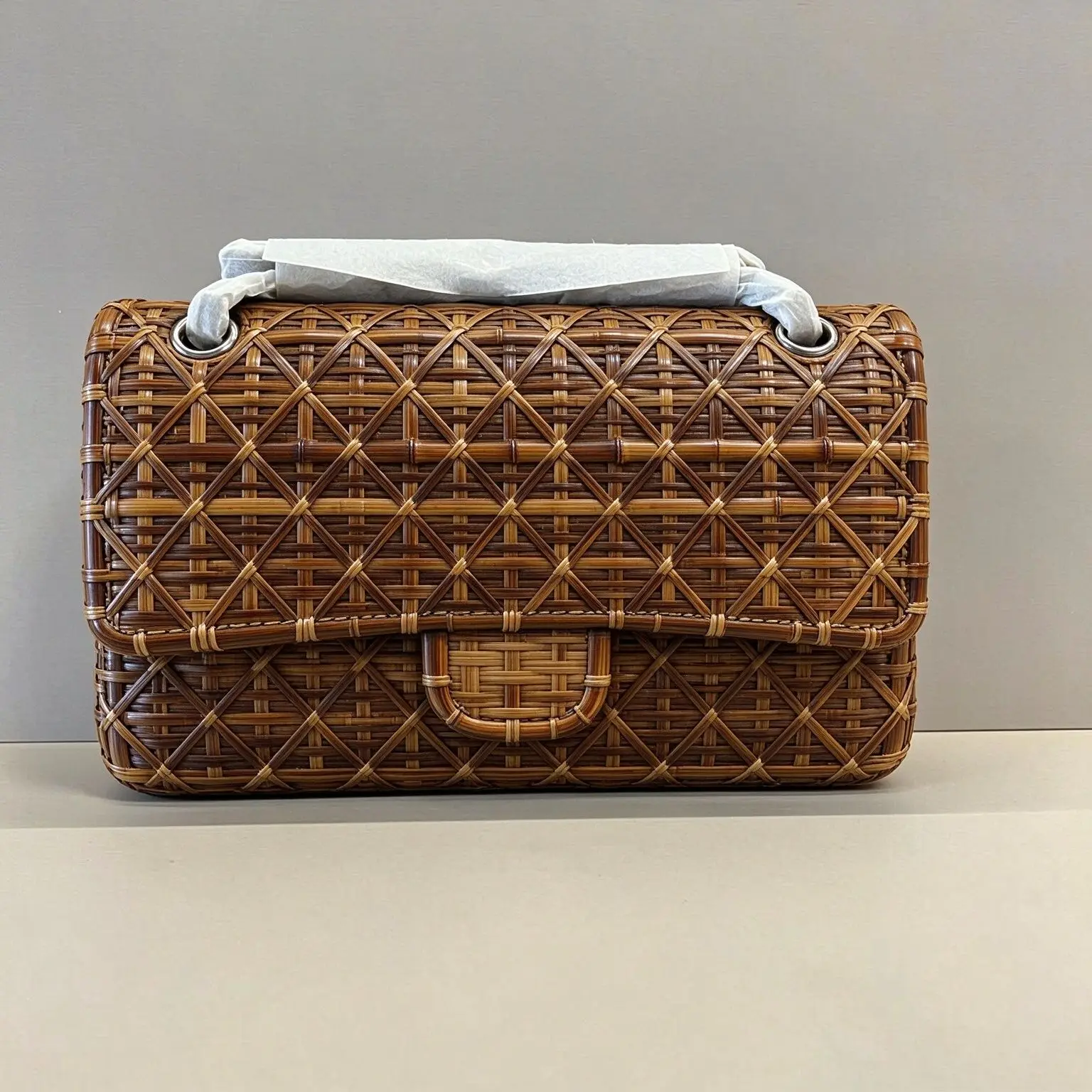 Vintage Hollow Wicker Flap Handbag Ladies Handmade Rattan Woven Rectangular Bag Large Capacity Shoulder Bag For Beach Trip