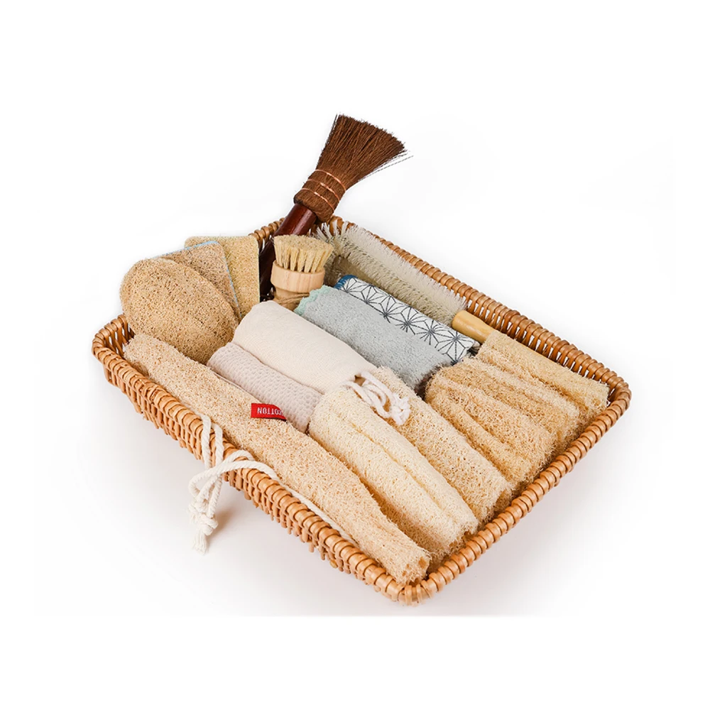 Artsecret Natural Pot Dish Washing Brush Loofah Sponge Scrubber Rectangle Handwoven Rattan Basket Kitchen Cleaning Items