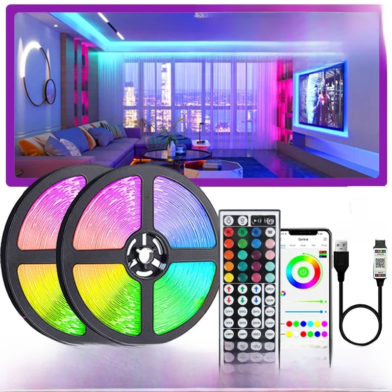 Bande lumineuse LED RVB flexible pour la décoration de la maison, bande lumineuse, 5050 LED, télécommande, chambre murale, USB, 5V