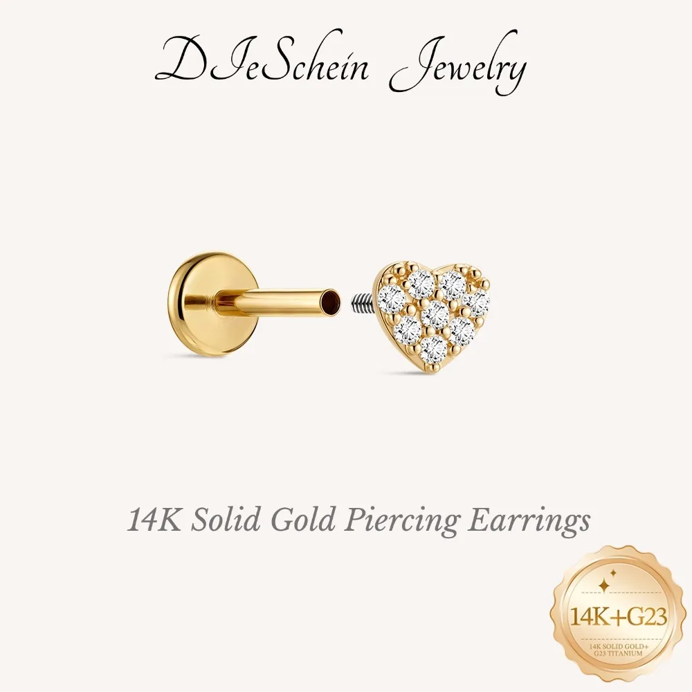 DIeSchein 14K Solid Gold Piercing Stud Flat Back Earring Internal Thread Helix Tragus Piercing Stud For Women Jewelry