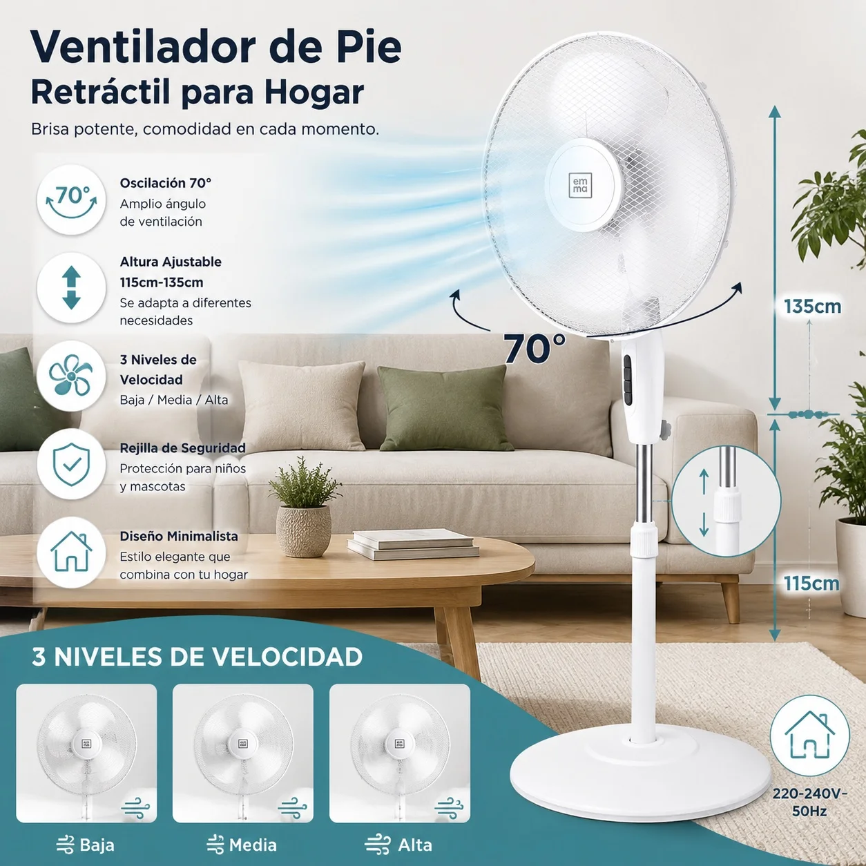 Ventilateur sur pied blanc, hauteur réglable 115-135 cm, oscillation à 70°, 3 vitesses, grille de protection, ventilateur électrique pour la maison, la chambre